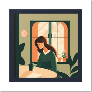 Illustration of handsome woman sitting with cup of coffee near window with view of city Posters and Art